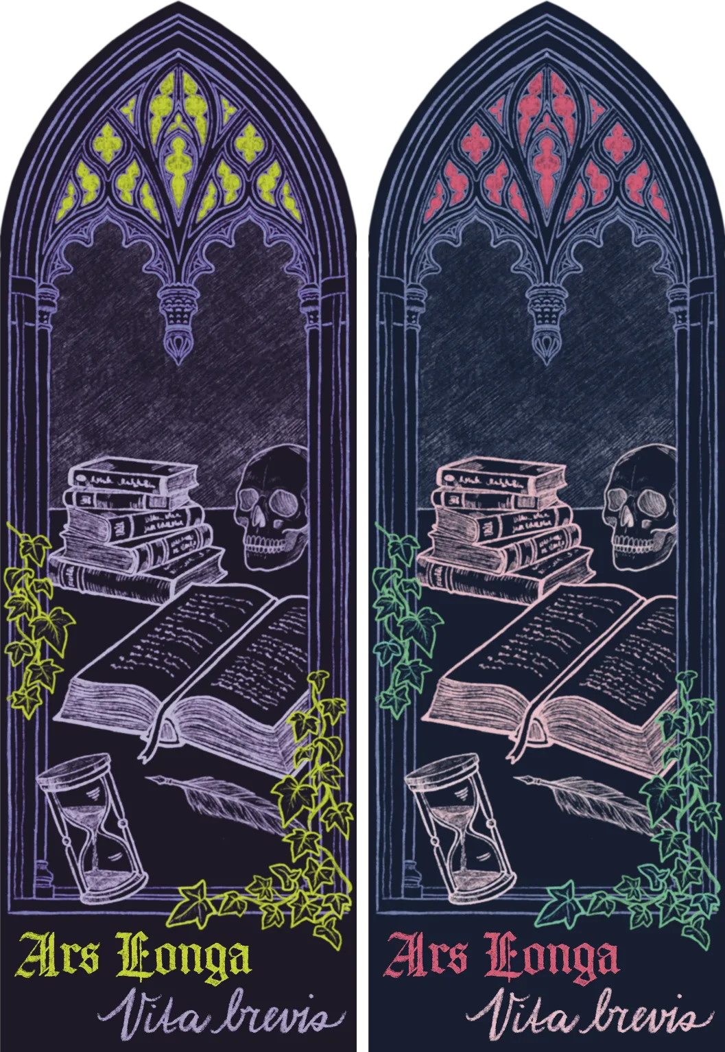 Two gothic bookmarks lettered «Ars longa, vita brevis» in neon colours.