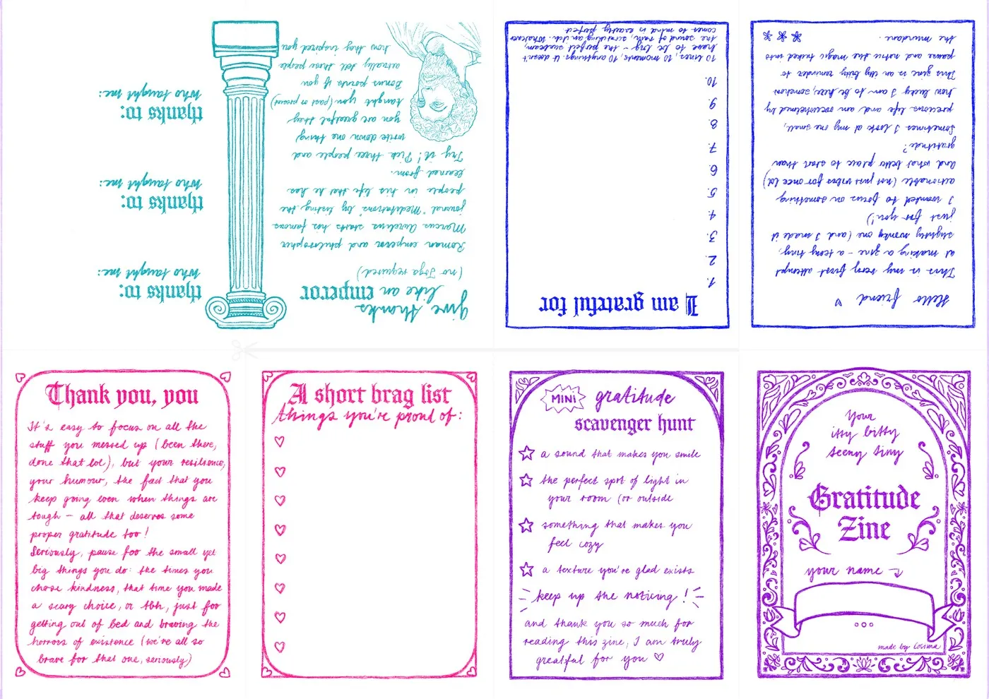 Printable sheet for a folded eight-page booklet to fill in, titled «Gratitude Zine».