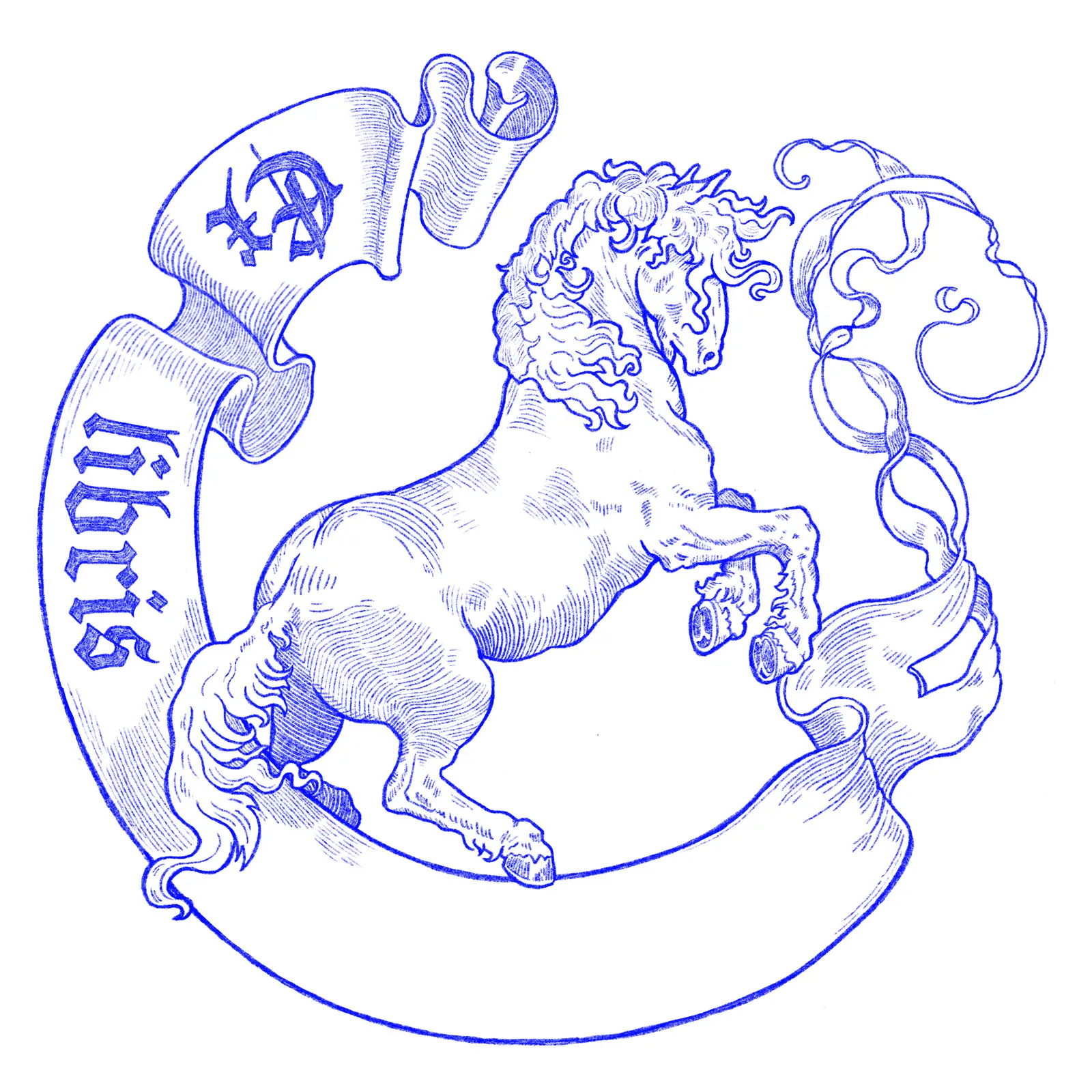 Bookplate with a rearing horse in blue ink.