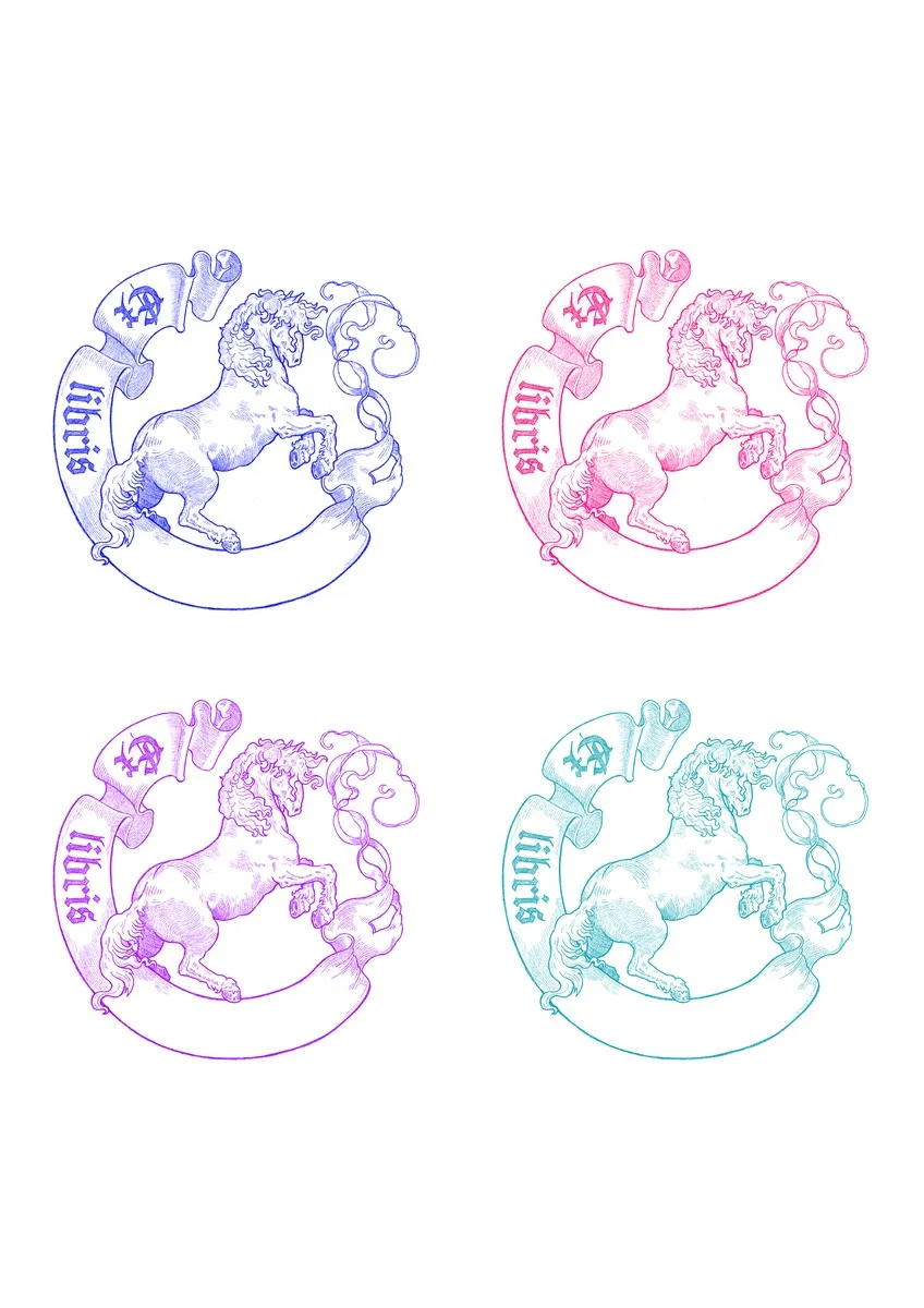 An A4 sheet with four bookplates showing a rearing horse, in blue, pink, purple and turquoise.