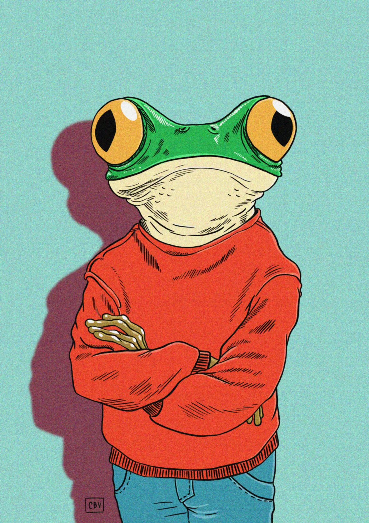 T-shirt design: a frog in a red jumper with its arms crossed.