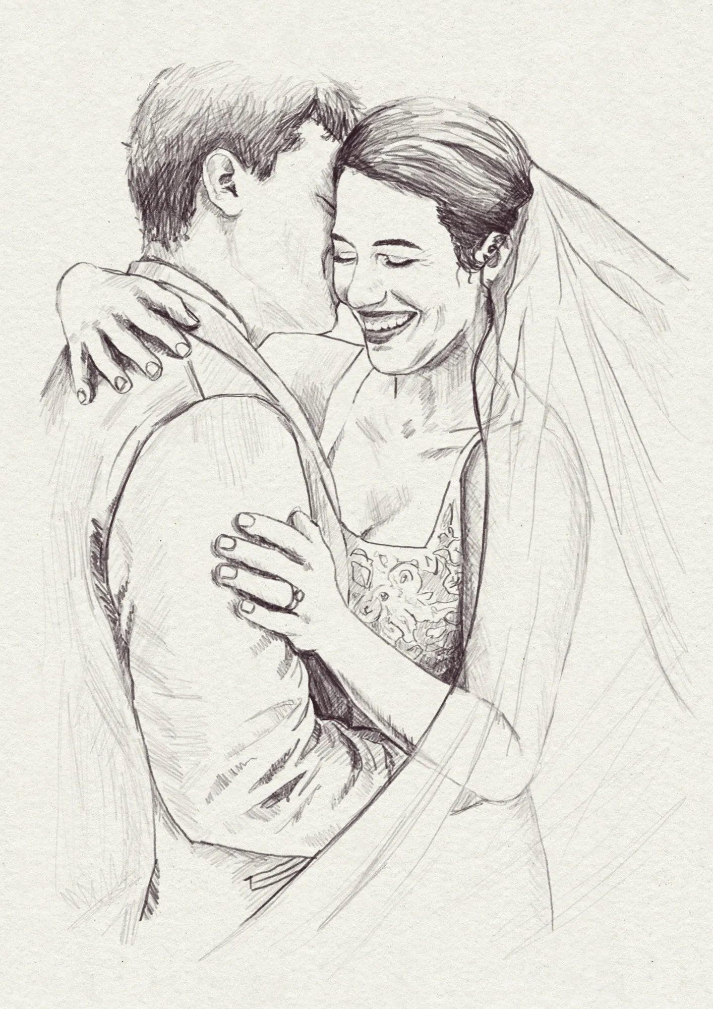 Pencil drawing of a bride and groom in a close embrace.