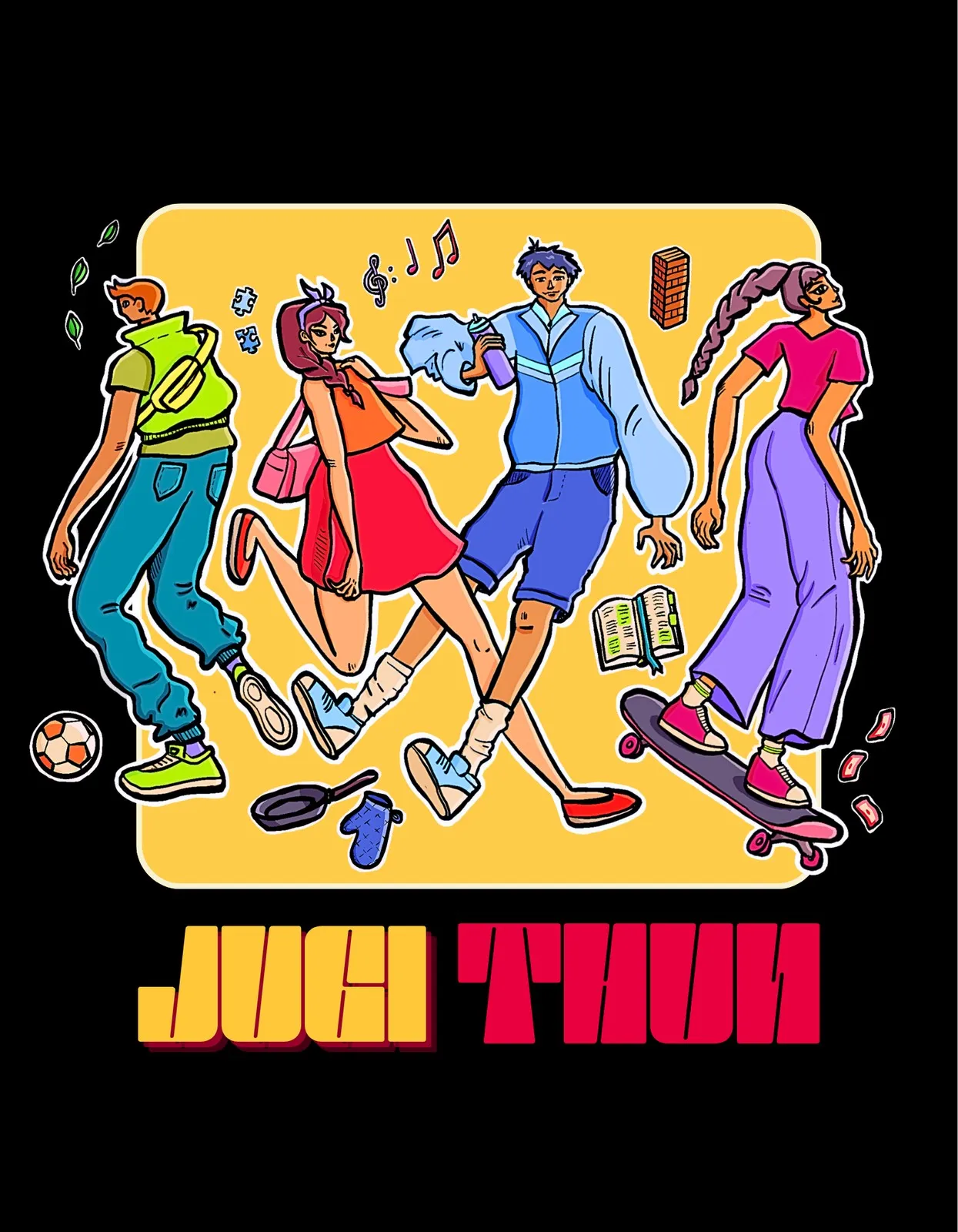 T-shirt design for Jugi Thun: dancing teenagers with a skateboard, a ball and music notes above the lettering «JUGI THUN».