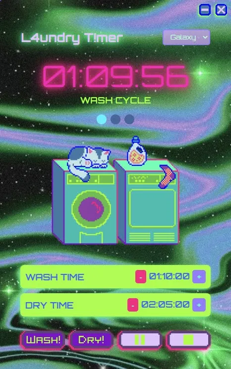 Laundry Timer: zwei Pixel-Waschmaschinen und ein pinker Neon-Countdown vor einem Polarlicht-Himmel.