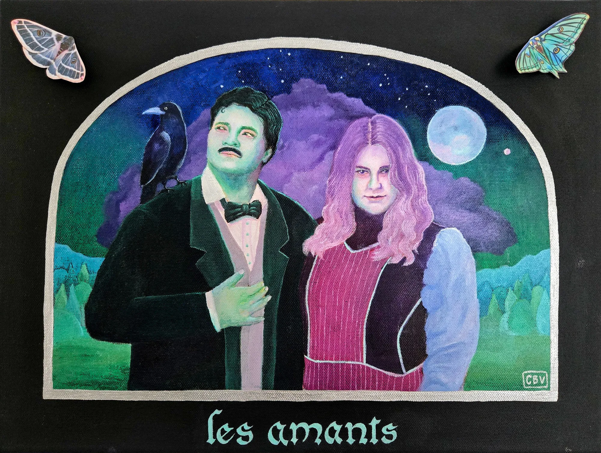 Painted couple portrait «Les amants» under a moon, with a raven.