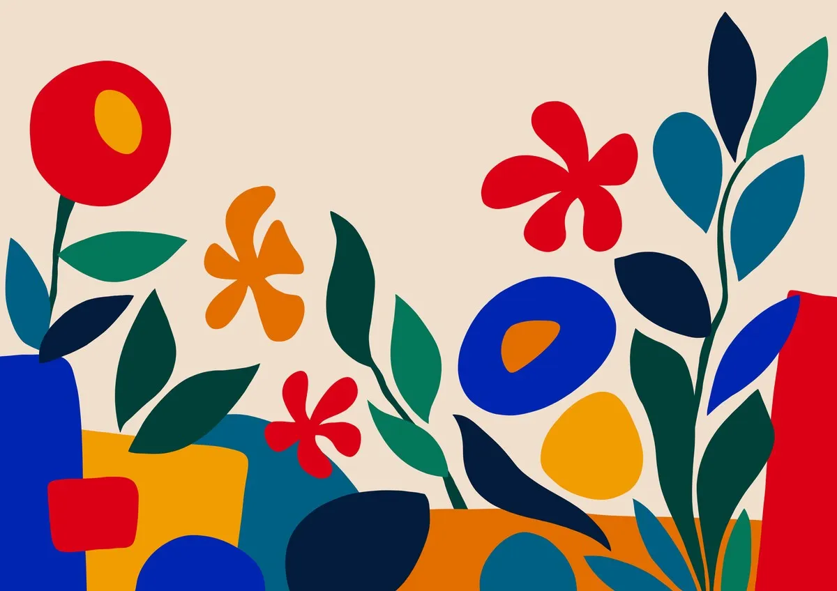 Scherenschnitt-Pflanzen in Rot, Blau, Gelb und Grün auf Creme, im Stil von Matisse.