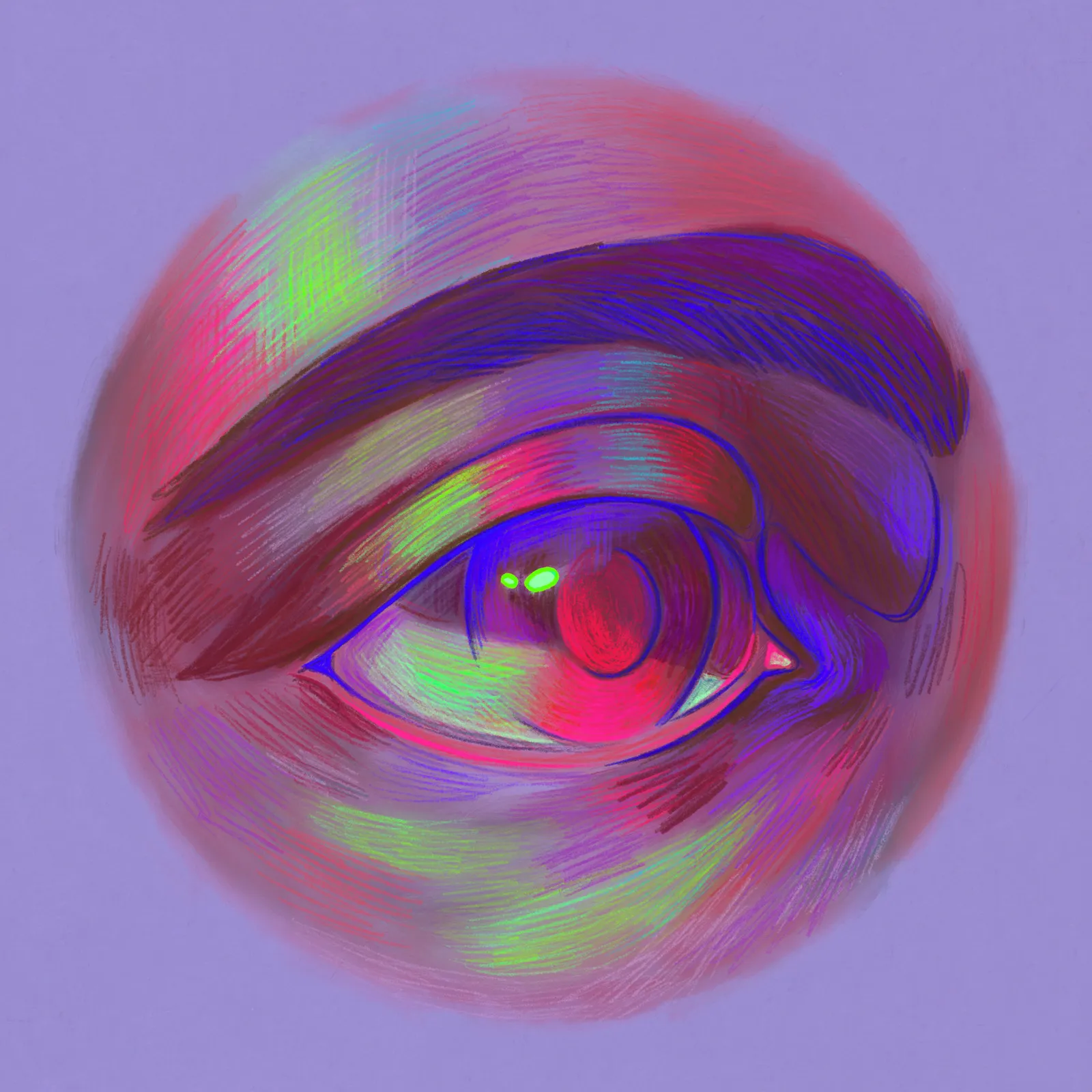 Das Neon-Auge als Bild auf Flieder.