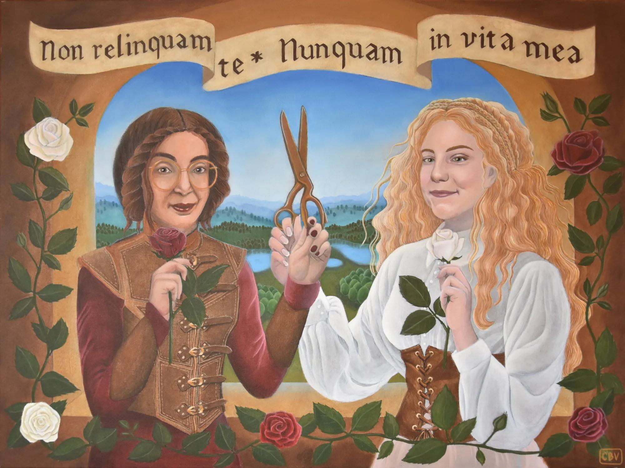 Doppelporträt zweier Frauen in mittelalterlicher Kleidung vor einer Landschaft; die eine hält eine Schere, beide eine Rose. Darüber das Schriftband «Non relinquam te · Nunquam in vita mea», ringsum Rosenranken.
