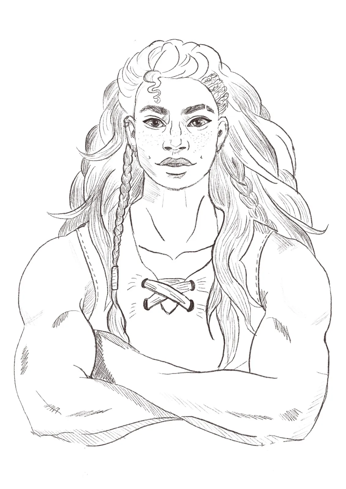 Pencil drawing of a tabletop character: a muscular woman with long braided hair and crossed arms.