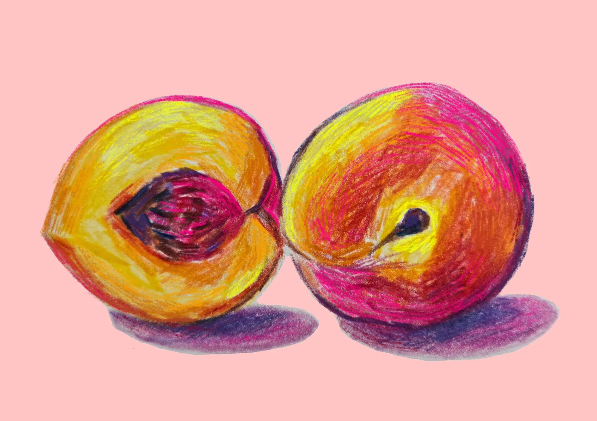 Zwei halbierte Pfirsiche in kräftigem Gelb, Orange und Pink auf rosa Grund.