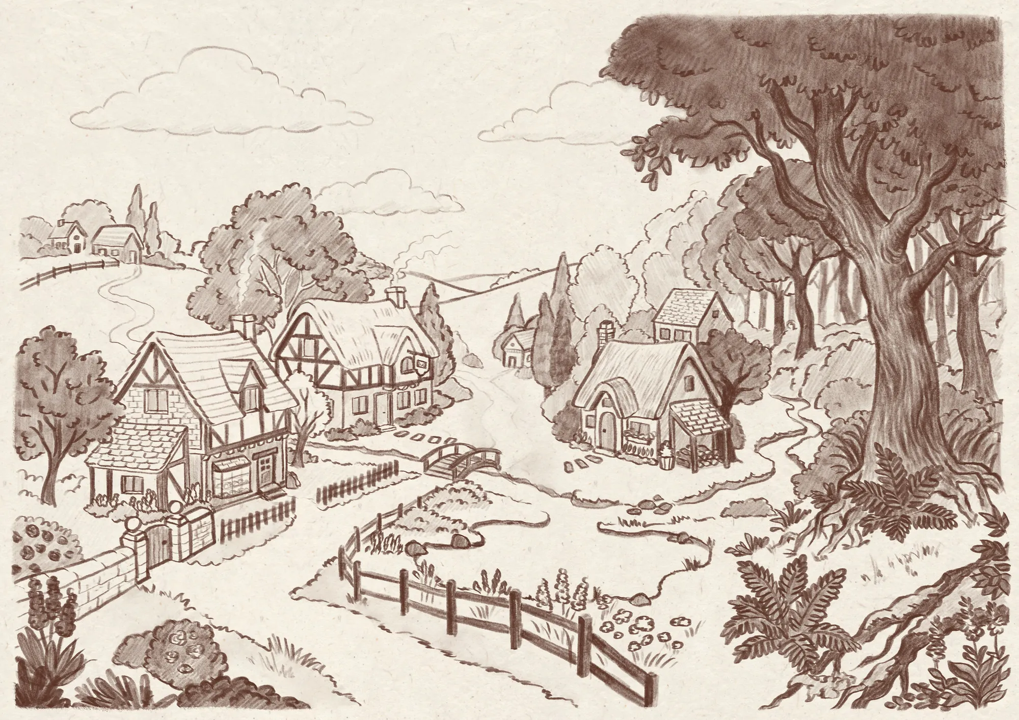 Ein Dorf mit Fachwerkhäusern, Bäumen und einem Holzzaun, in Sepia gezeichnet.