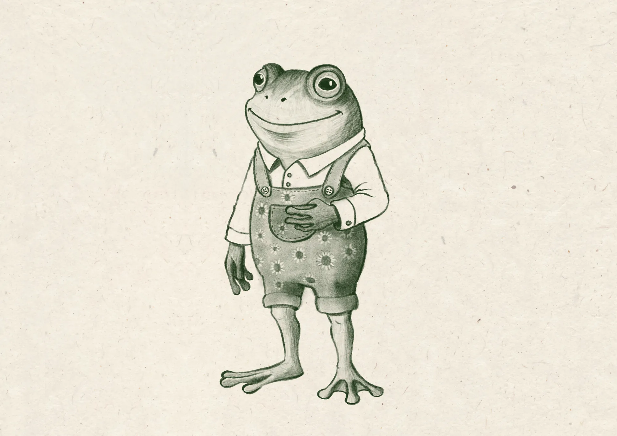Ein Frosch in Hemd und kurzen Hosen steht aufrecht.