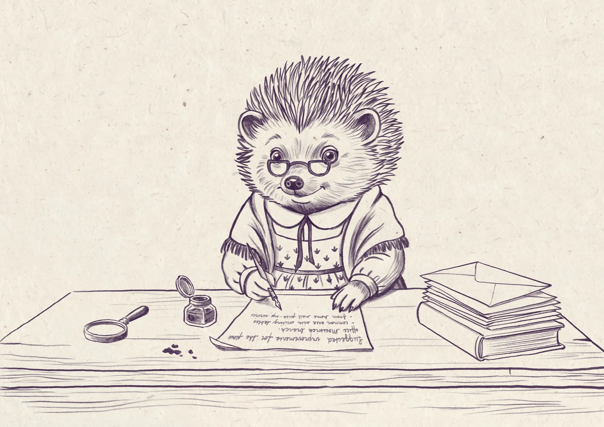 Ein Igel mit Brille schreibt an einem Tisch einen Brief, neben ihm ein Bücherstapel und eine Lupe.