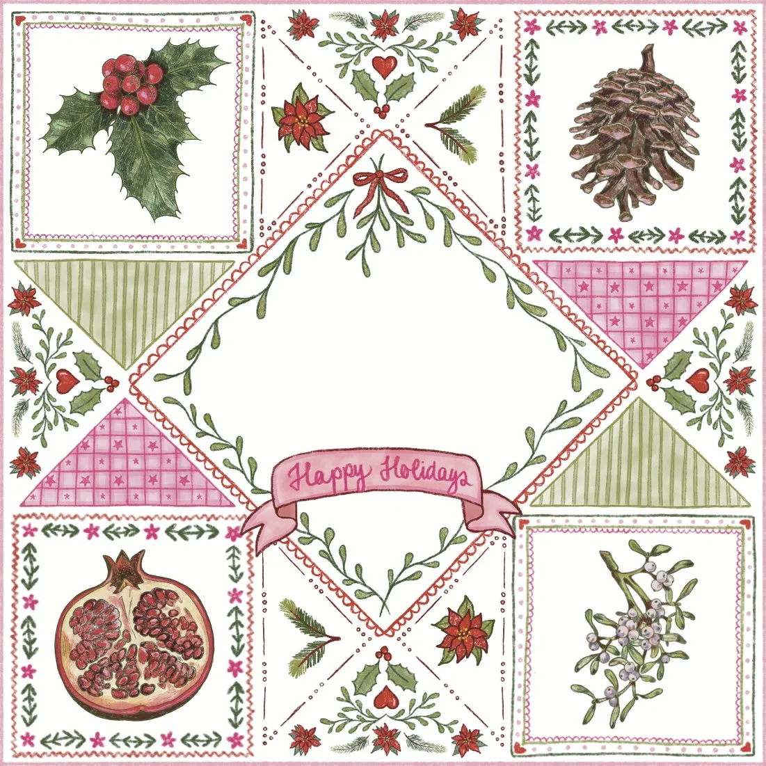 Square folding sheet with holly, a pine cone, a pomegranate and a banner reading «Happy Holidays».