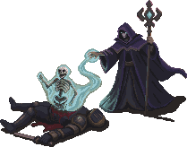 Pixel-Art: der Nekromant aus NECROMARCH erweckt einen gefallenen Ritter als leuchtendes Skelett.
