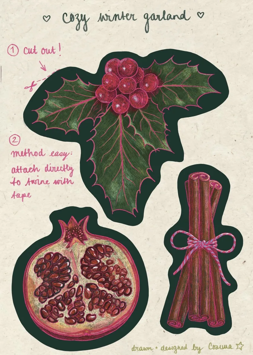 Printable sheet with holly, a pomegranate and cinnamon sticks to cut out, with handwritten instructions.